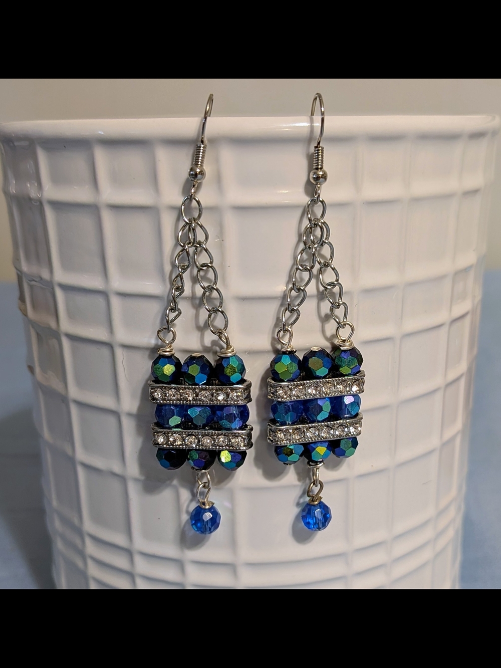 Black and Blue Crystal Earrings with Silver Chain, 3 Tier Design, 2.75" Handmade